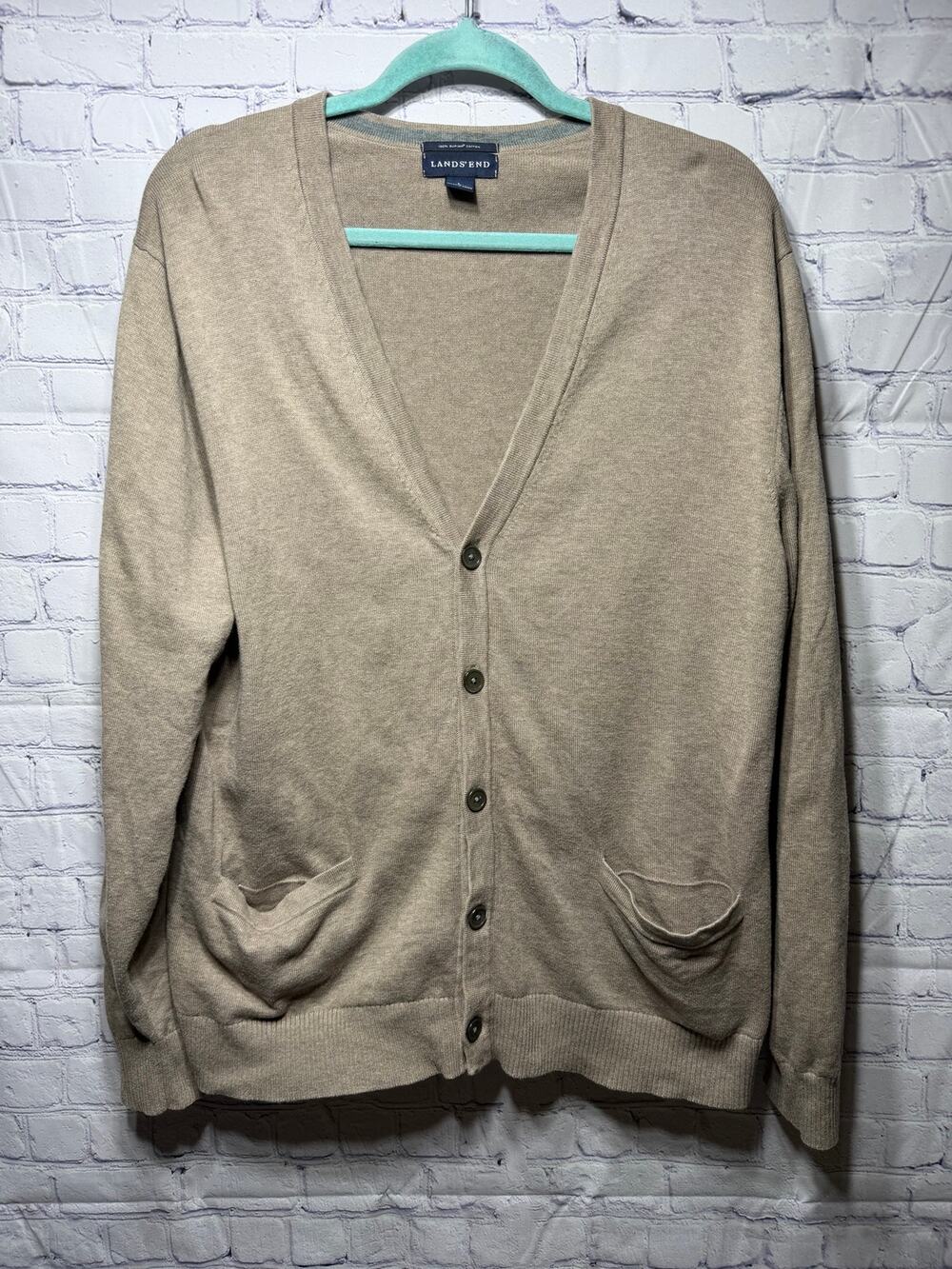 Lands' End Mens V-Neck Supima Cotton Cardigan Tan Gray Size L Old Money